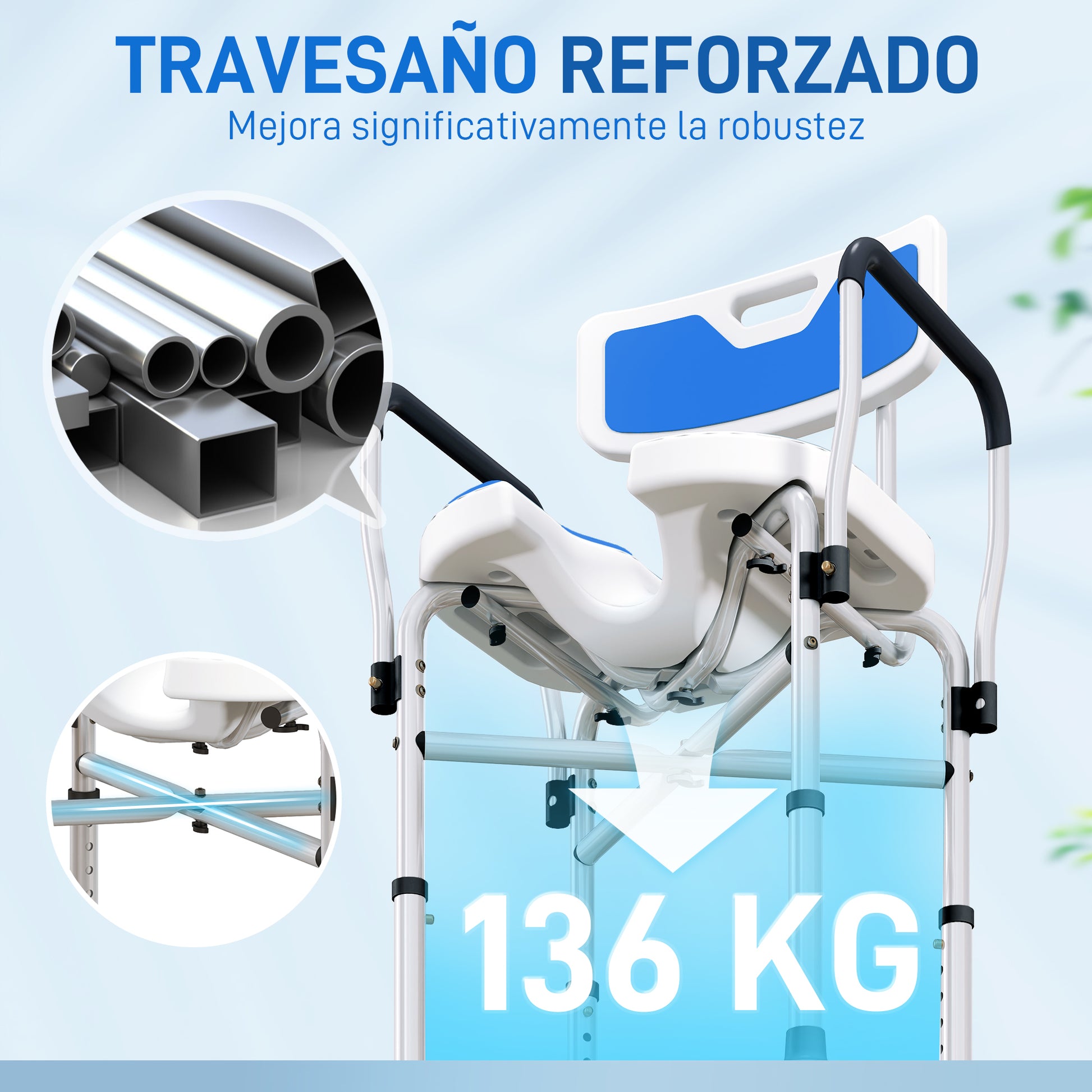 Homcom Silla Ducha Personas Mayores Con Asiento Ranurado Carga 136 Kg Azul_5