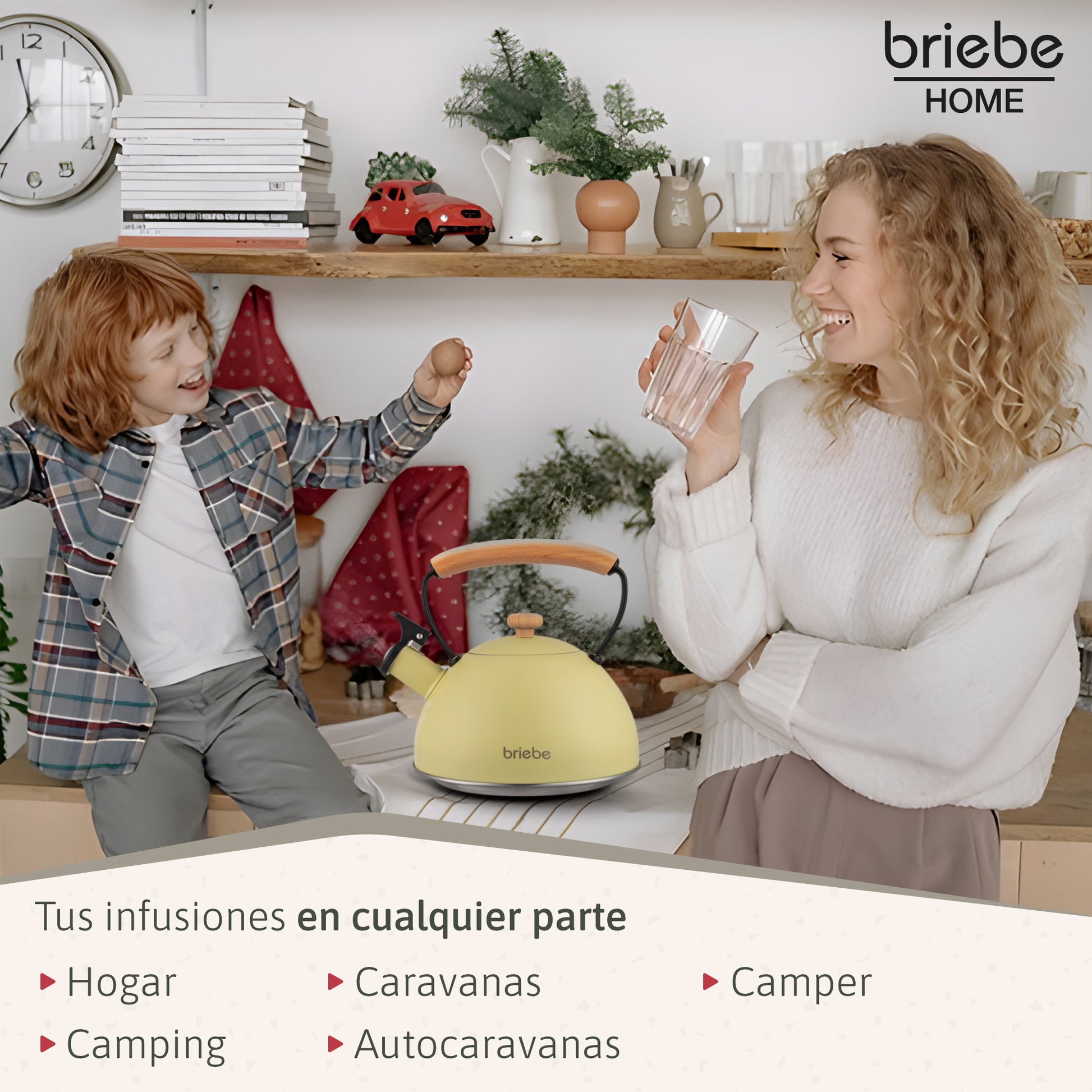 Briebe Tetera Con Silbato, Hervidor De Agua 2,3l, Inducción, Acero Inox, Vintage, Mango Madera, Pastel, Amarillo_4
