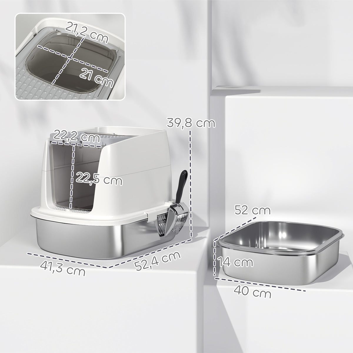Pawhut Arenero Para Gatos De Acero Inoxidable L Con Tapa Abatible Blanco_2