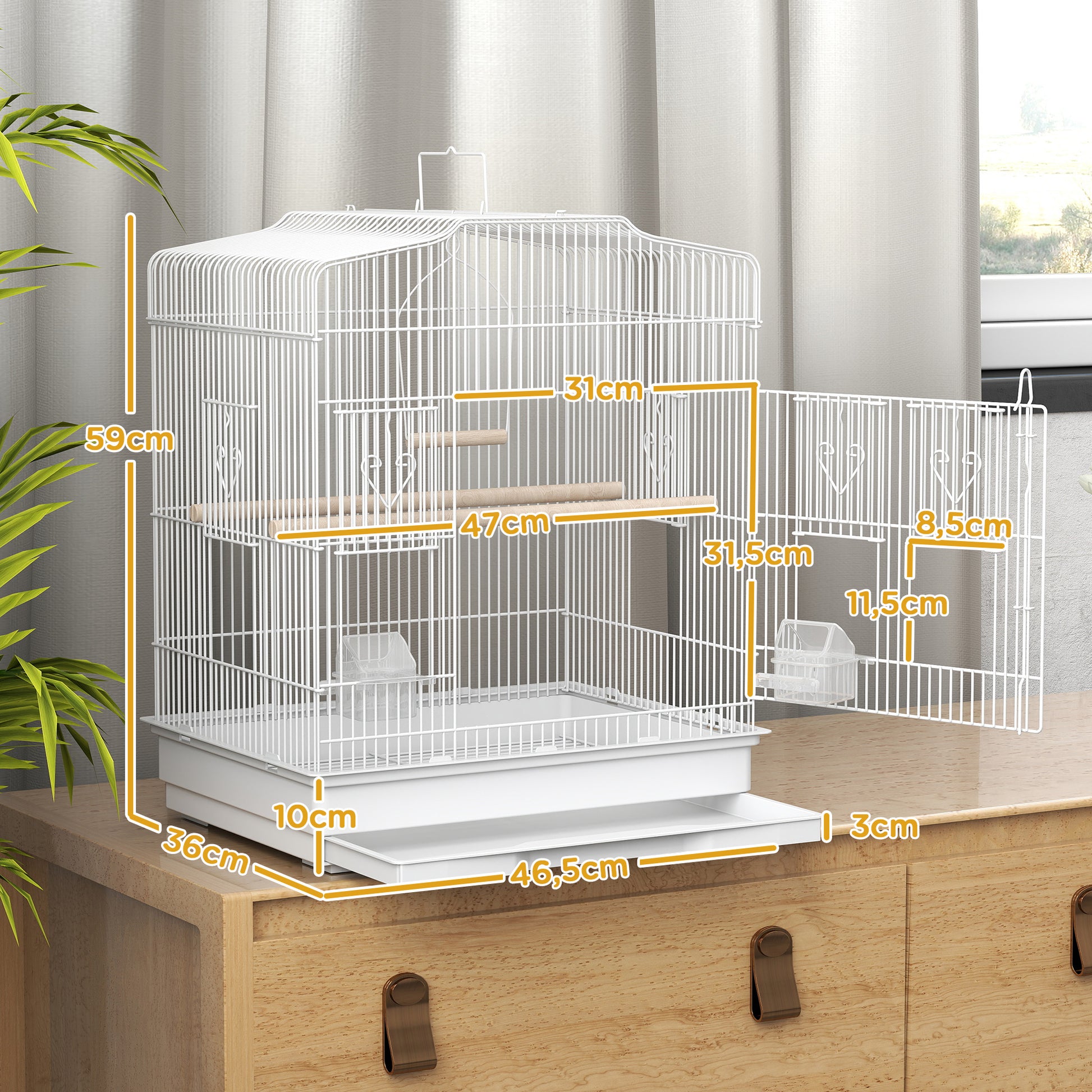 Pawhut Jaula Para Pájaros Con Puertas Comederos Y Bandeja 46,5x36x59 Cm Blanco_2