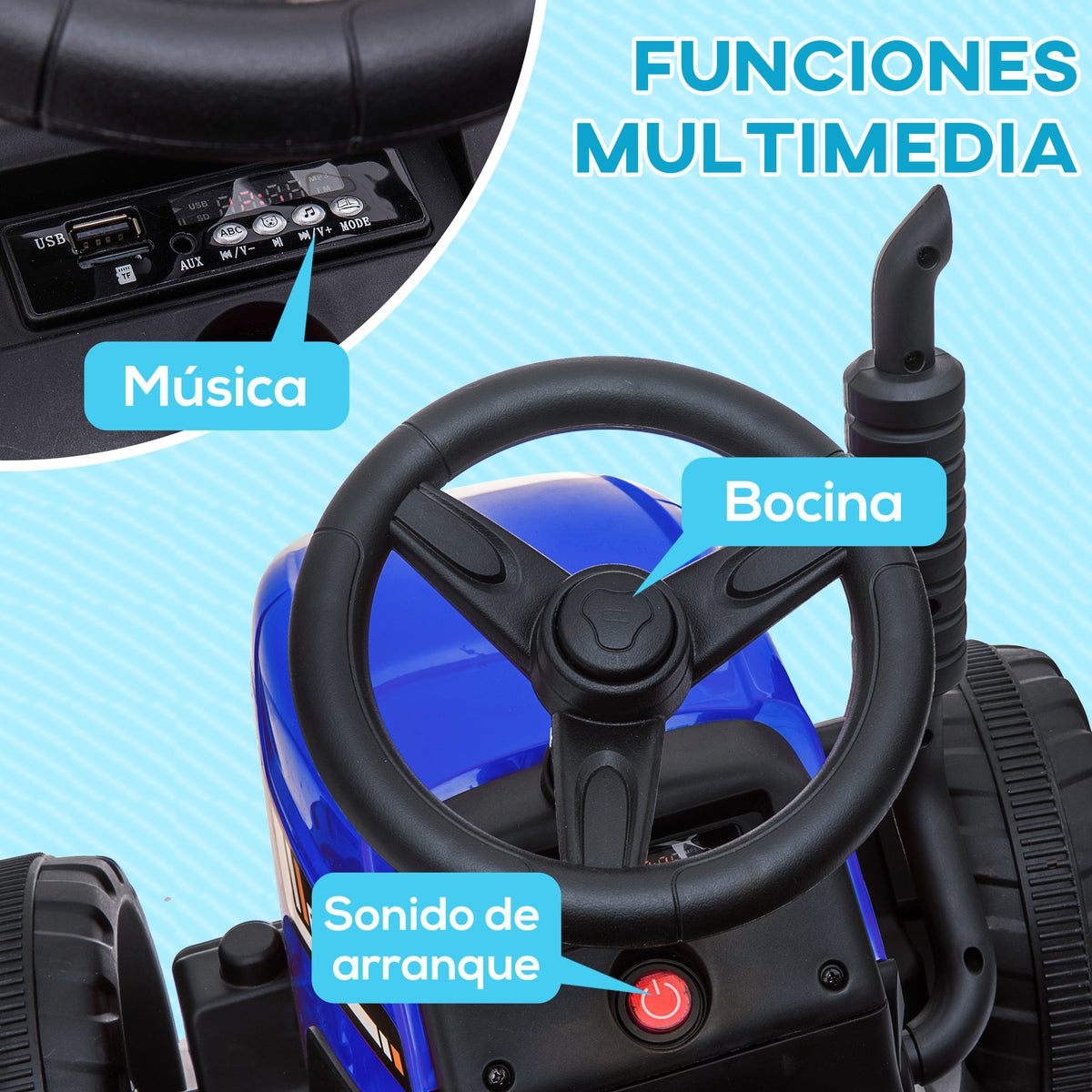 Homcom Tractor Eléctrico Con Remolque Para Niños 3-6 Años 136,5x50x52,5 Cm Azul_5