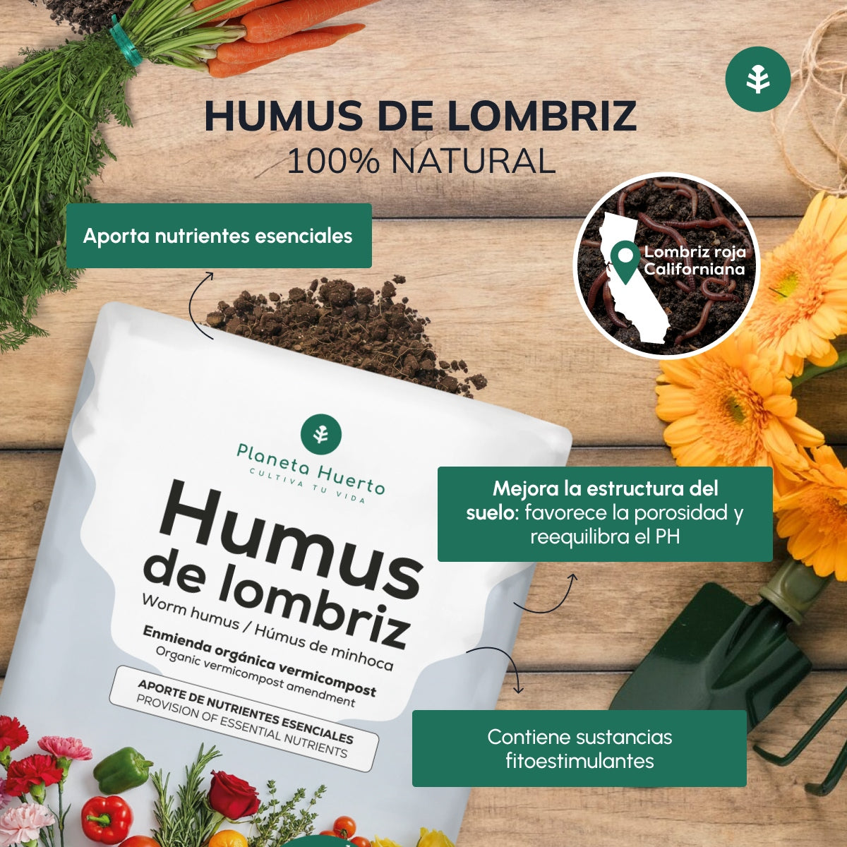Humus de Lombriz 100% Natural Planeta Huerto 42 L