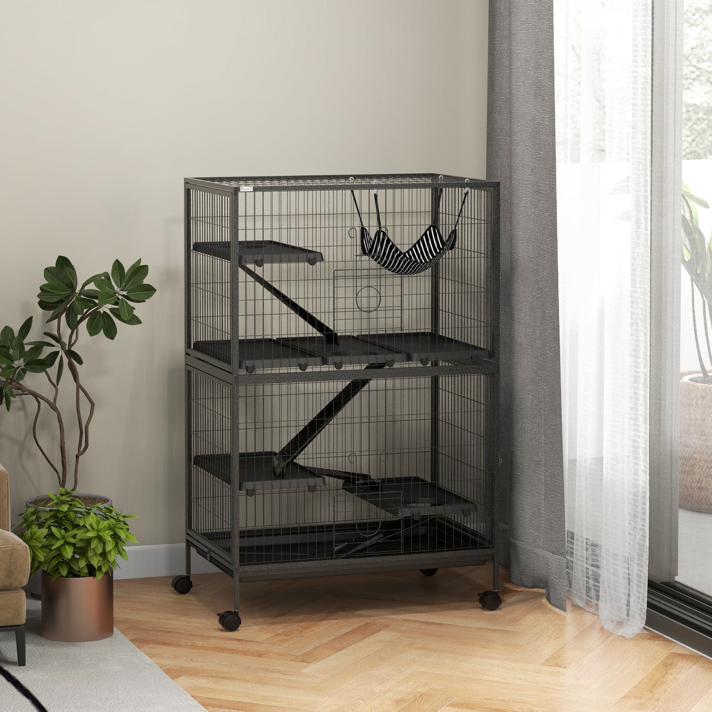 Pawhut Jaula Para Animales Pequeños De 4 Niveles Con Ruedas 80x52x128 Cm Gris_1