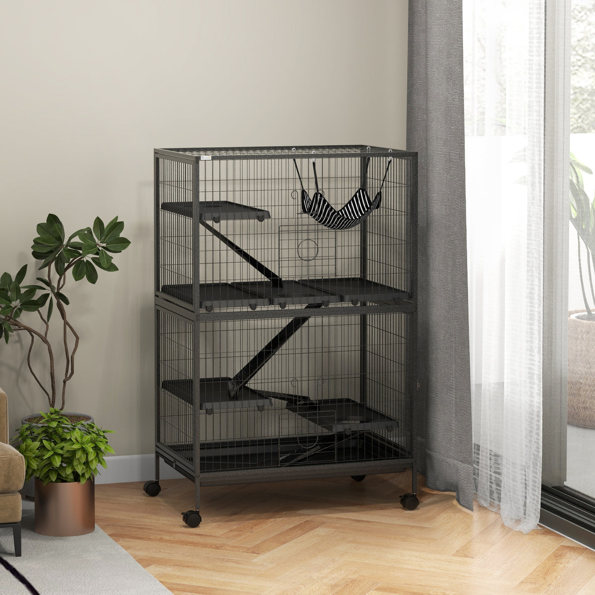 Pawhut Jaula Para Animales Pequeños De 4 Niveles Con Ruedas 80x52x128 Cm Gris_1
