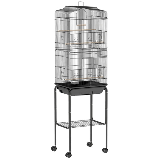 Pawhut Jaula Para Pájaros Con Soporte 4 Ruedas Y Comederos 46,5x36x157 Cm Negro_0