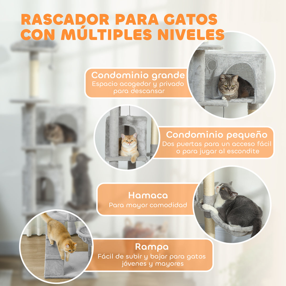 Pawhut Árbol Rascador Para Gatos 180 Cm Con Múltiples Plataformas Gris Claro_3