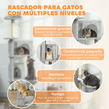 Pawhut Árbol Rascador Para Gatos 180 Cm Con Múltiples Plataformas Gris Claro_3