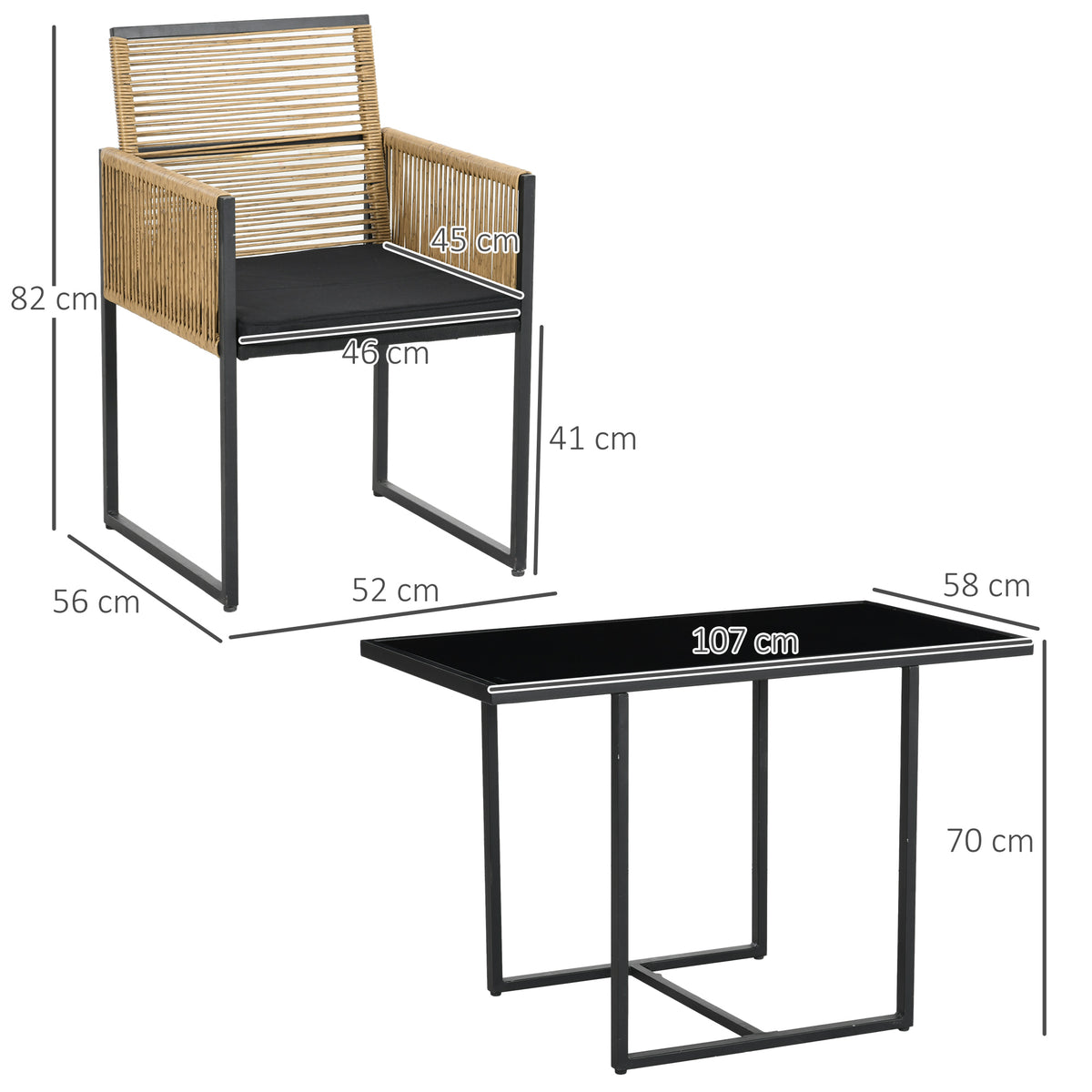 Outsunny Conjunto De Mesa Y Sillas De Jardín Exterior De 3 Piezas Natural Negro_2