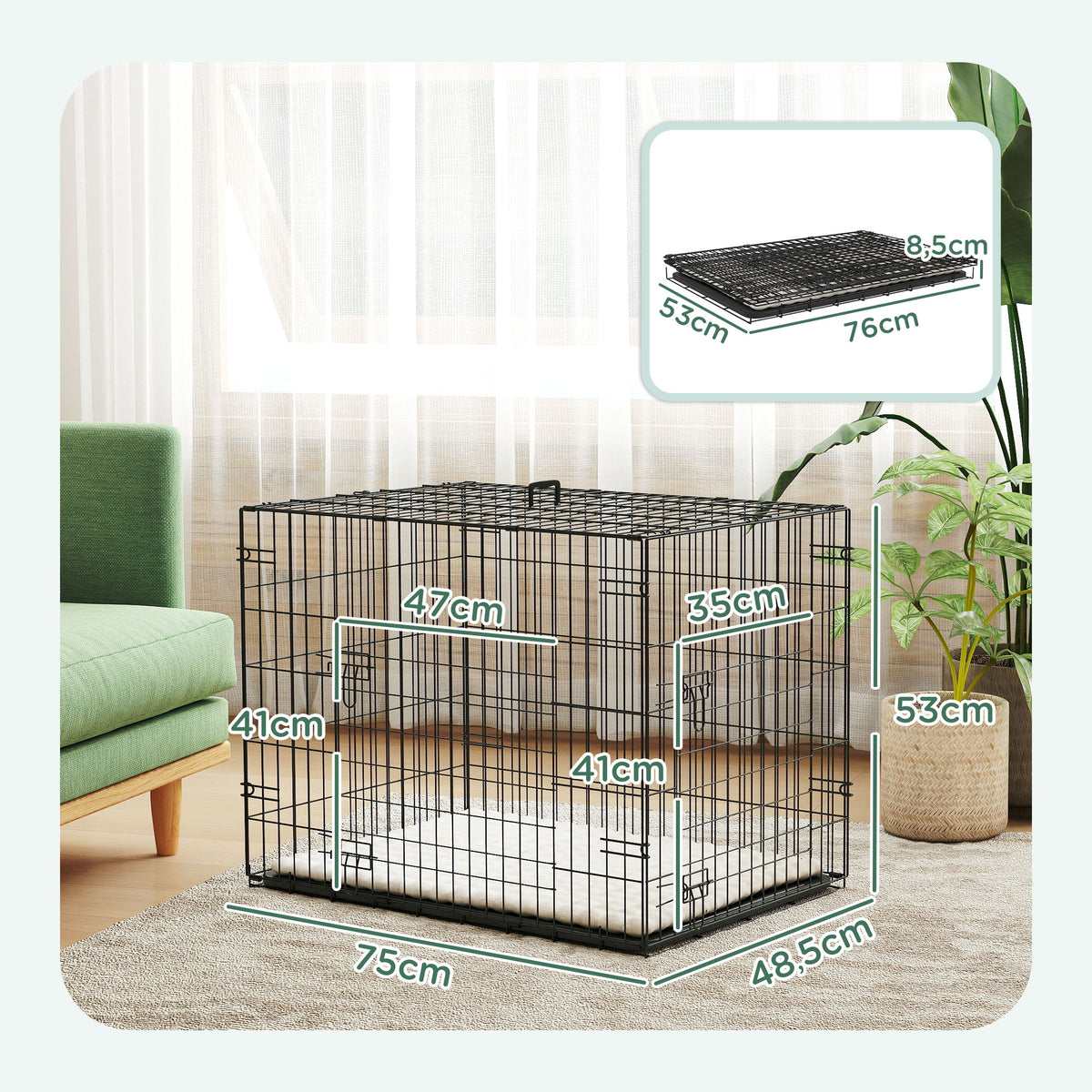 Pawhut Jaula Para Perros Con Cojín Bandeja Extraíble 75x48,5x53 Cm Negro Y Beige_2