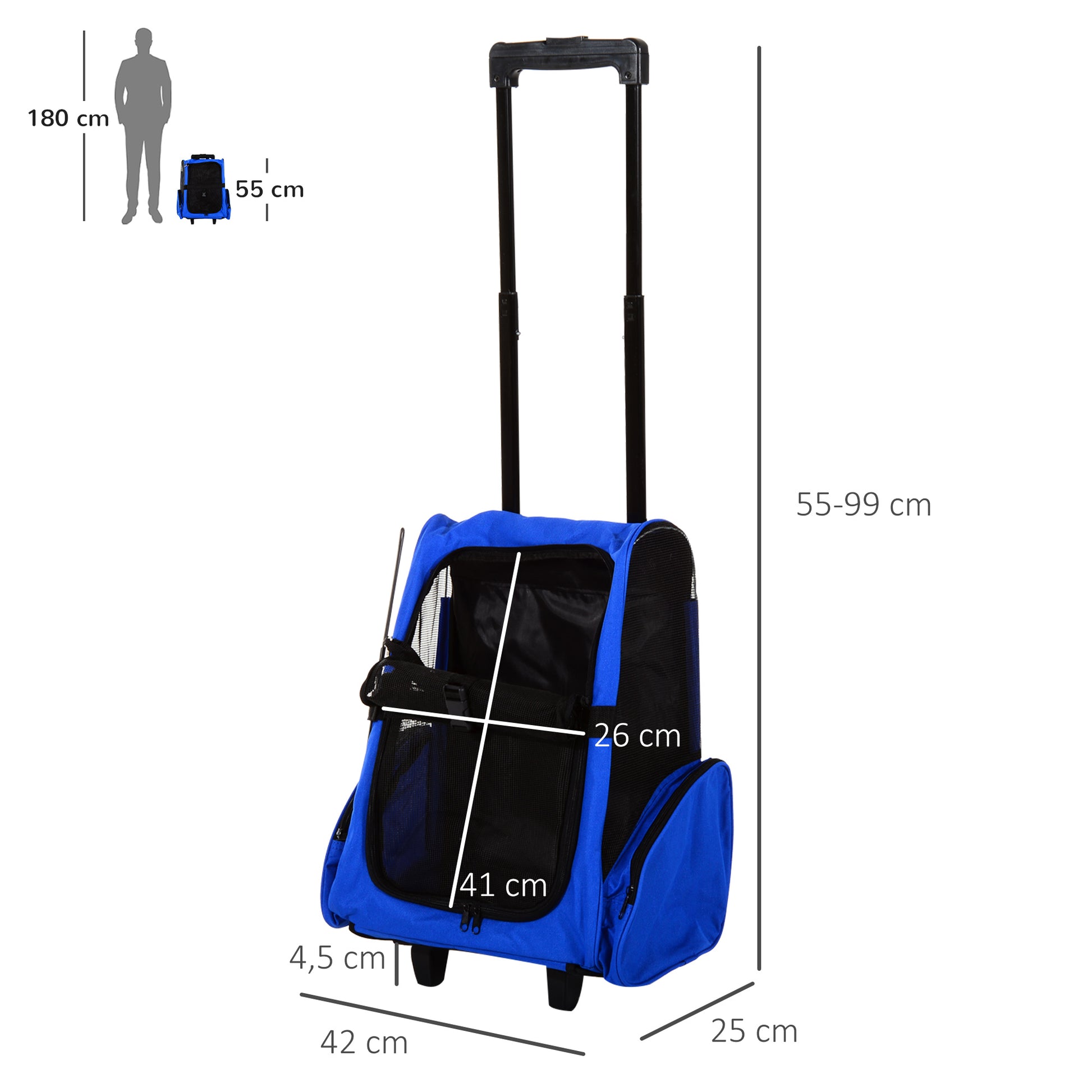 Pawhut Transportín 2 En 1 Para Mascotas Carrito Mochila Ruedas 42x25x55 Cm Azul_2