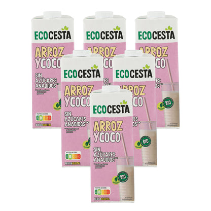 Pack 6x Bebida Vegetal De Arroz y Coco Bio sin azúcar añadido, Ecocesta, 1L