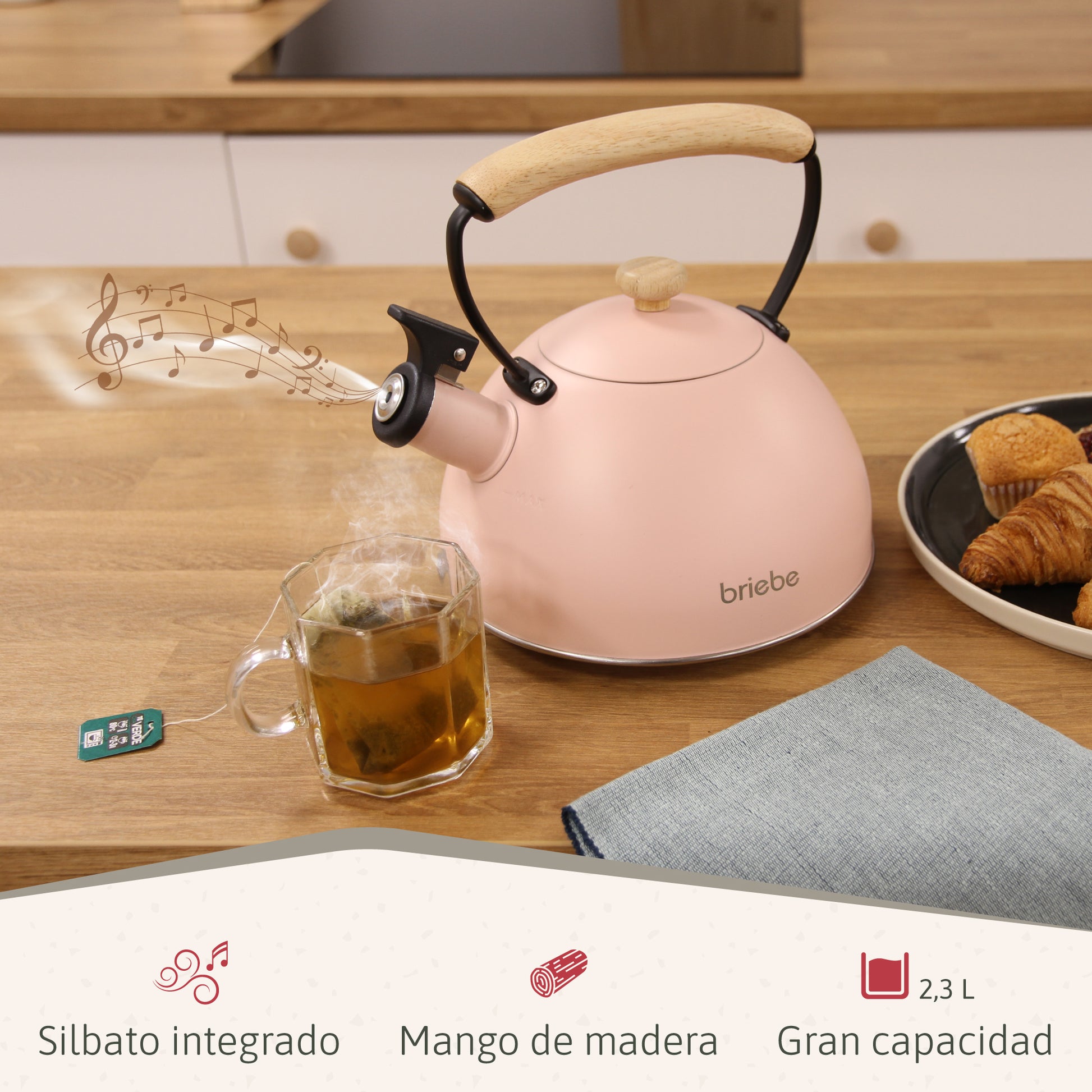 Briebe Tetera Con Silbato, Hervidor De Agua 2,3l, Inducción, Acero Inox, Vintage, Mango Madera, Pastel, Rosa_1