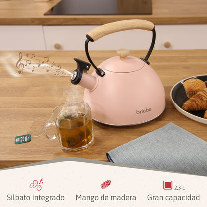 Briebe Tetera Con Silbato, Hervidor De Agua 2,3l, Inducción, Acero Inox, Vintage, Mango Madera, Pastel, Rosa_1