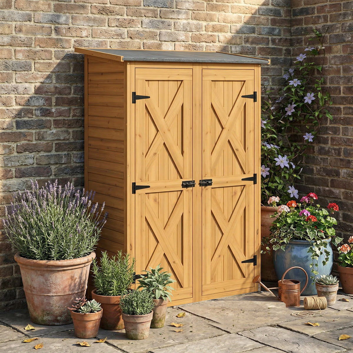 Outsunny Caseta De Jardín De Madera 115x53x156 Cm Con 2 Estantes Y 2 Puertas_4