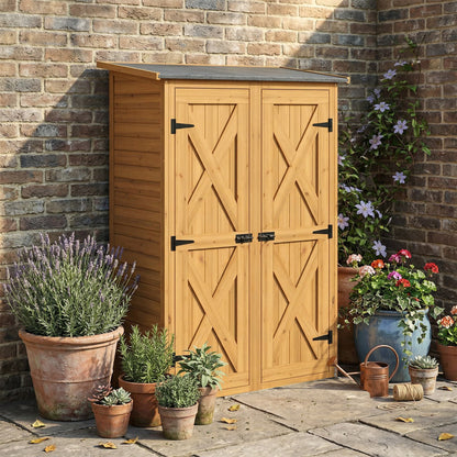 Outsunny Caseta De Jardín De Madera 115x53x156 Cm Con 2 Estantes Y 2 Puertas_4