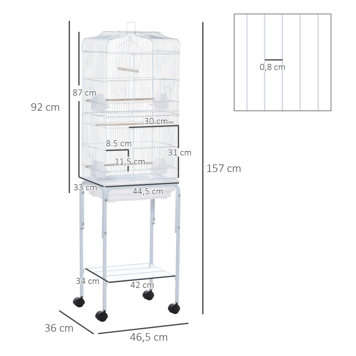 Pawhut Jaula Para Pájaros Con Soporte 4 Ruedas Y Comederos 46,5x36x157 Cm Blanco_2