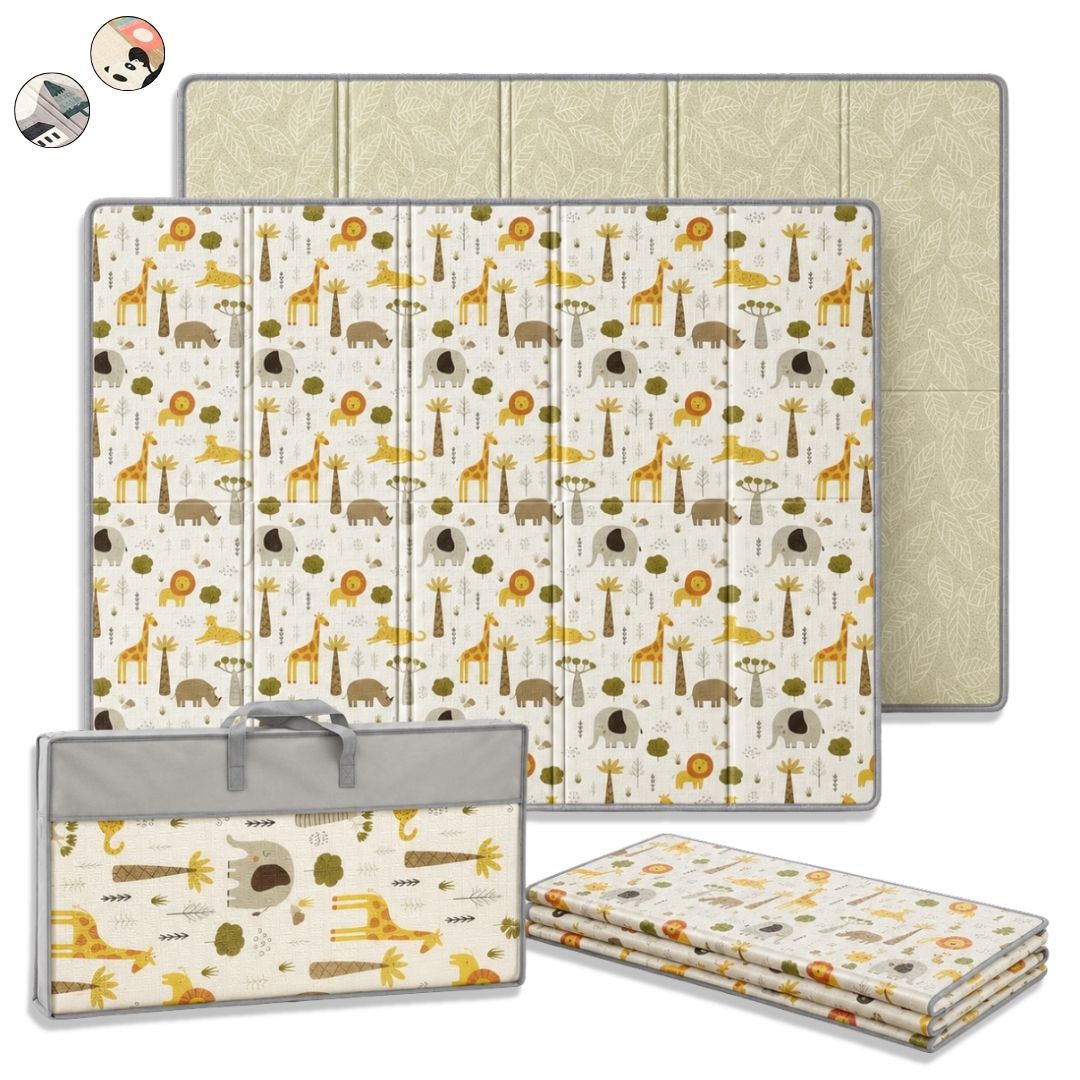 Bathby | Alfombra Plegable Para Bebé 200 × 150 Cm, Reversible Animales/hojas_0