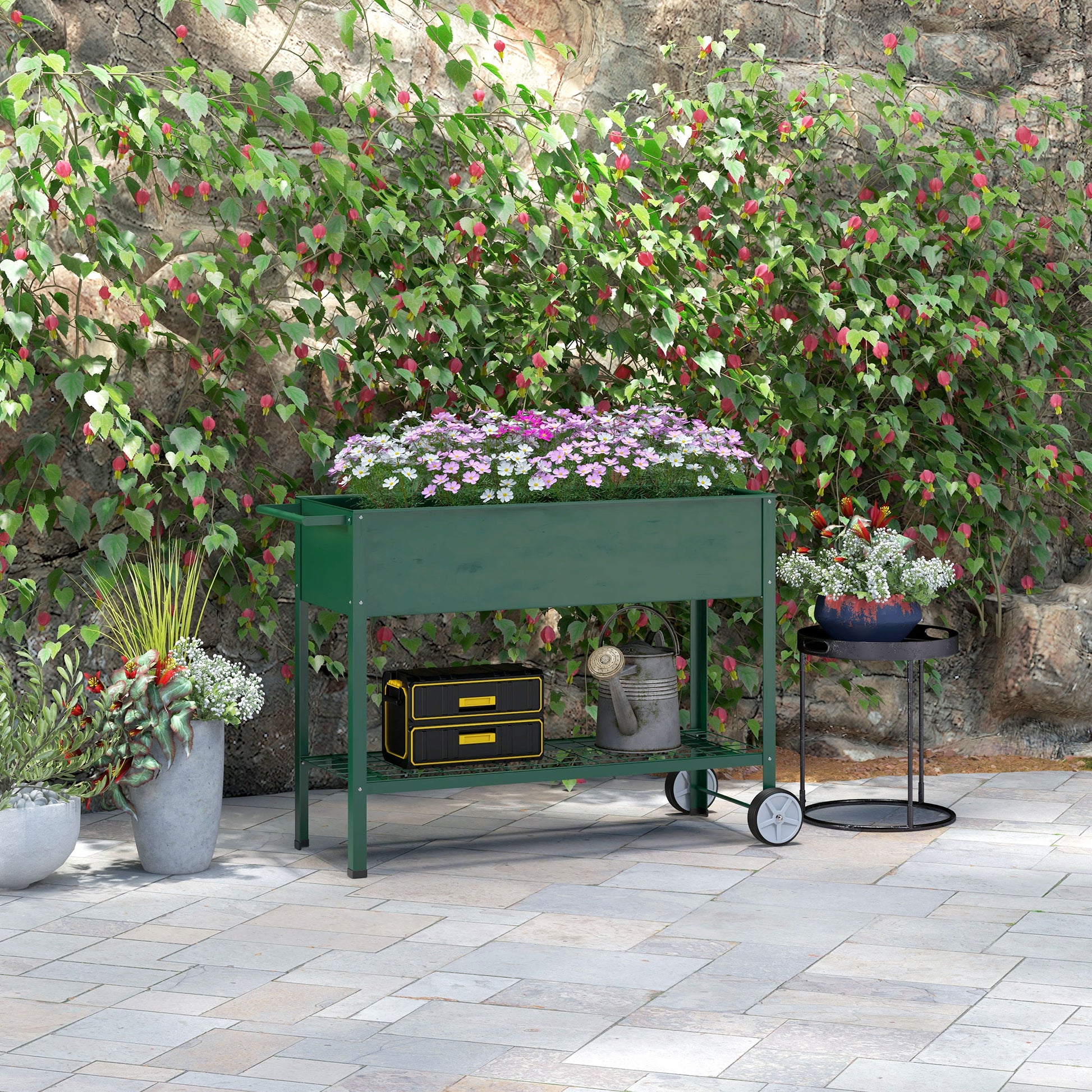 Outsunny Mesa De Cultivo 109x44x80 Cm Con 2 Ruedas Estante Y Asa Verde_1