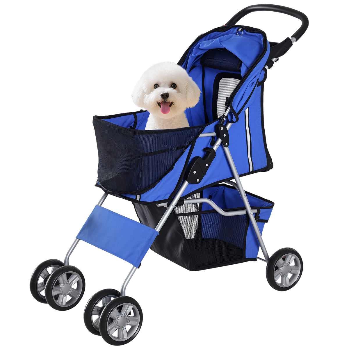 Pawhut Carrito Para Perros Plegable Con Toldo Ajustable 75x45x97 Cm Azul_0