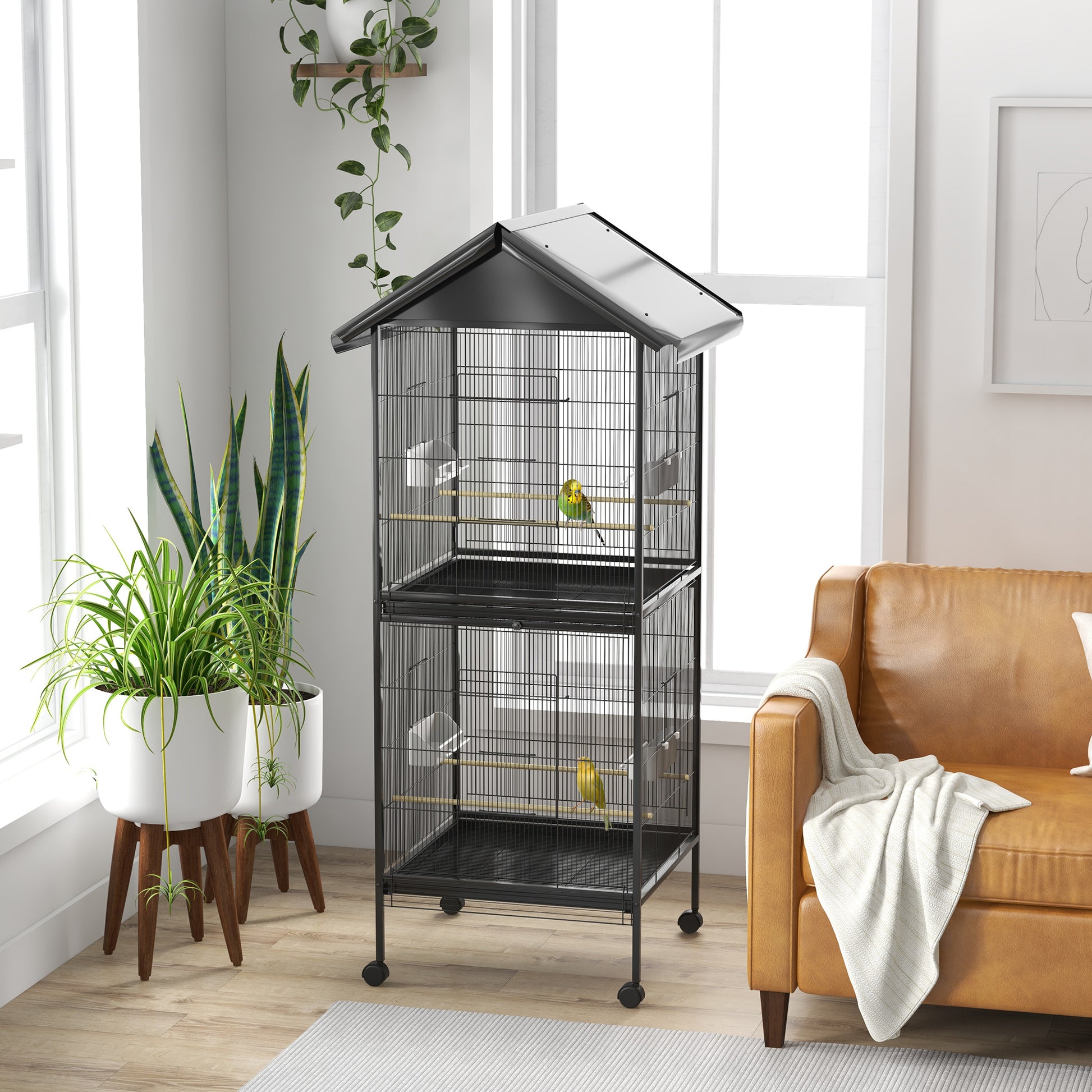 Pawhut Jaula Para Pájaros Grande De 2 Pisos 78x75x168 Cm Negro_1