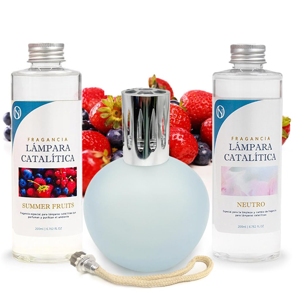 Pack Lámpara Catalítica Azul Grisáceo Mate + Fragancia Summer Fruits 200ml + Limpiador Neutro 200ml + Mecha Repuesto_0