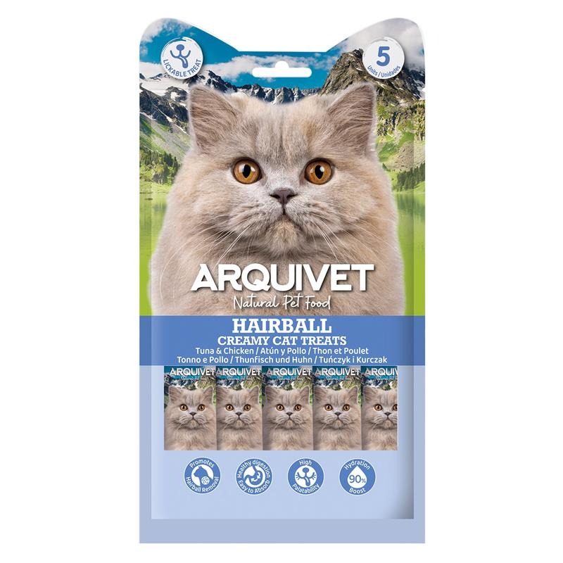 Creamy Cat Treats Snack cremoso funcional Hairball Atún y Pollo Arquivet 5x14 g