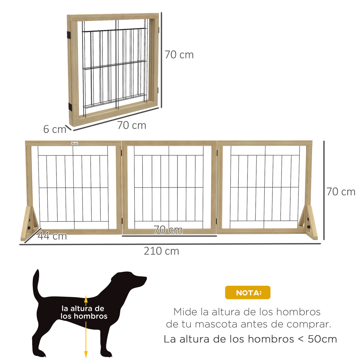 Pawhut Barrera Para Perros Plegable De 3 Paneles 210x44x70 Cm Madera Natural_2