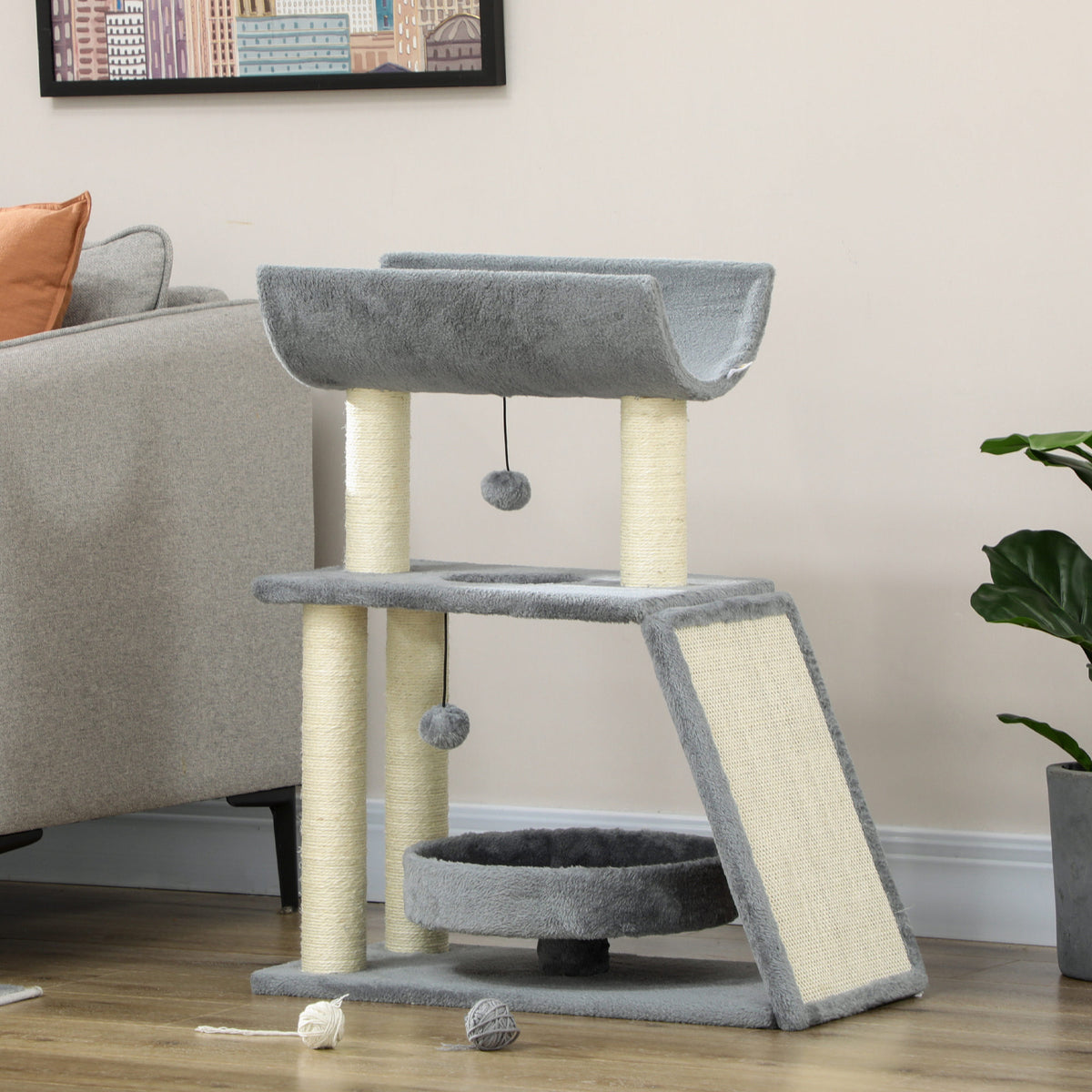 Pawhut Rascador Para Gatos Altura 76 Cm Con Plataforma En U Gris Claro_1