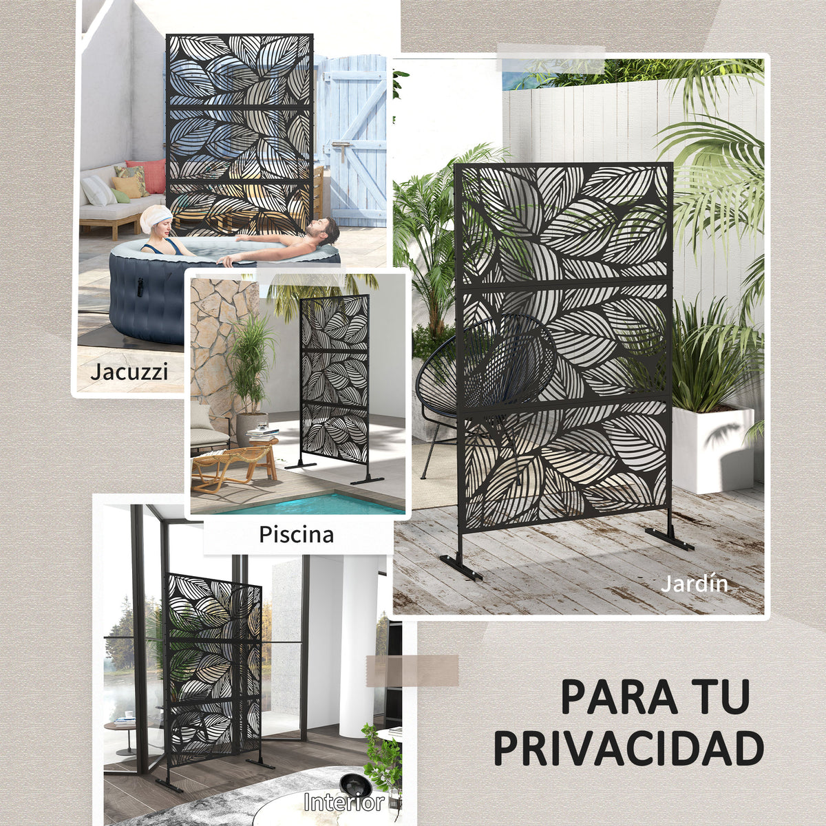 Outsunny Biombo Exterior Con 3 Piezas Patrón De Hoja Grande 122x45x198cm Negro_5