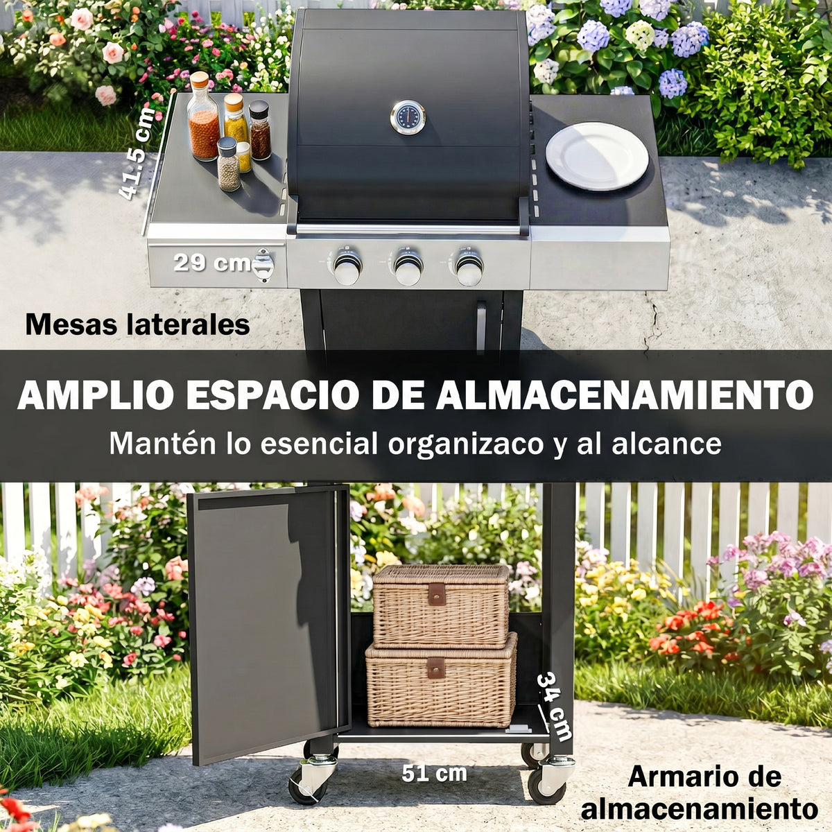 Outsunny Barbacoa De Gas Con 3 Quemadores 8,1 Kw Termómetro Mesas Laterales_5