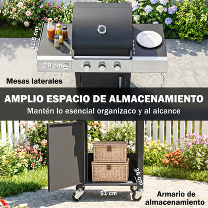 Outsunny Barbacoa De Gas Con 3 Quemadores 8,1 Kw Termómetro Mesas Laterales_5