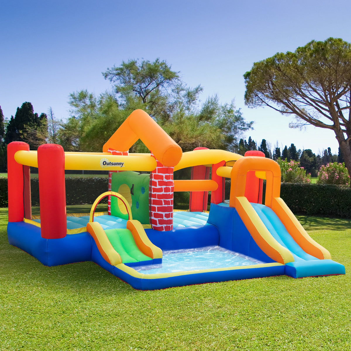 Outsunny Castillo Hinchable Con 2 Toboganes 2 Camas Salto Piscina 380x370x230 Cm_1