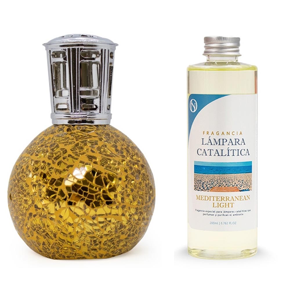 Lámpara Catalítica Mosaico Dorado + Aroma Mediterranean Light 200 Ml - Elimina Malos Olores, Impurezas Y Perfuma_0