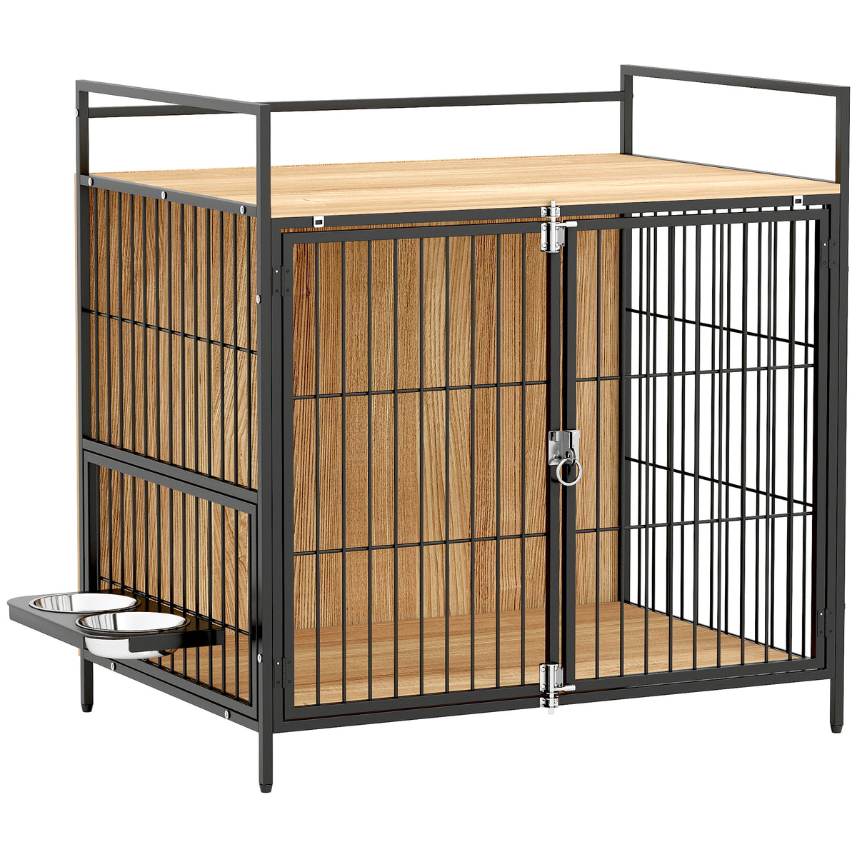 Pawhut Jaula Para Perros Mesa Auxiliar Con Soporte Giratorio Con 2 Tazones Roble_0