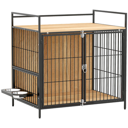 Pawhut Jaula Para Perros Mesa Auxiliar Con Soporte Giratorio Con 2 Tazones Roble_0
