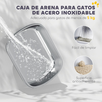 Pawhut Arenero Para Gatos De Acero Inoxidable L Con Tapa Abatible Blanco_3
