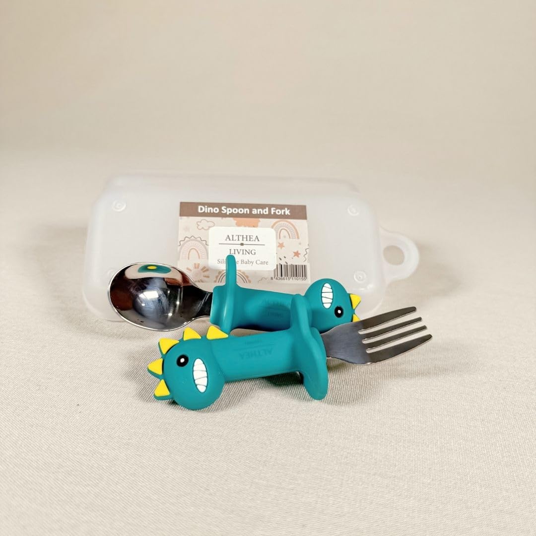 Juego De Cubiertos Ergonómicos Para Bebé Con Forma De Dinosaurio · Set 2 Piezas Althea Living Verde_3
