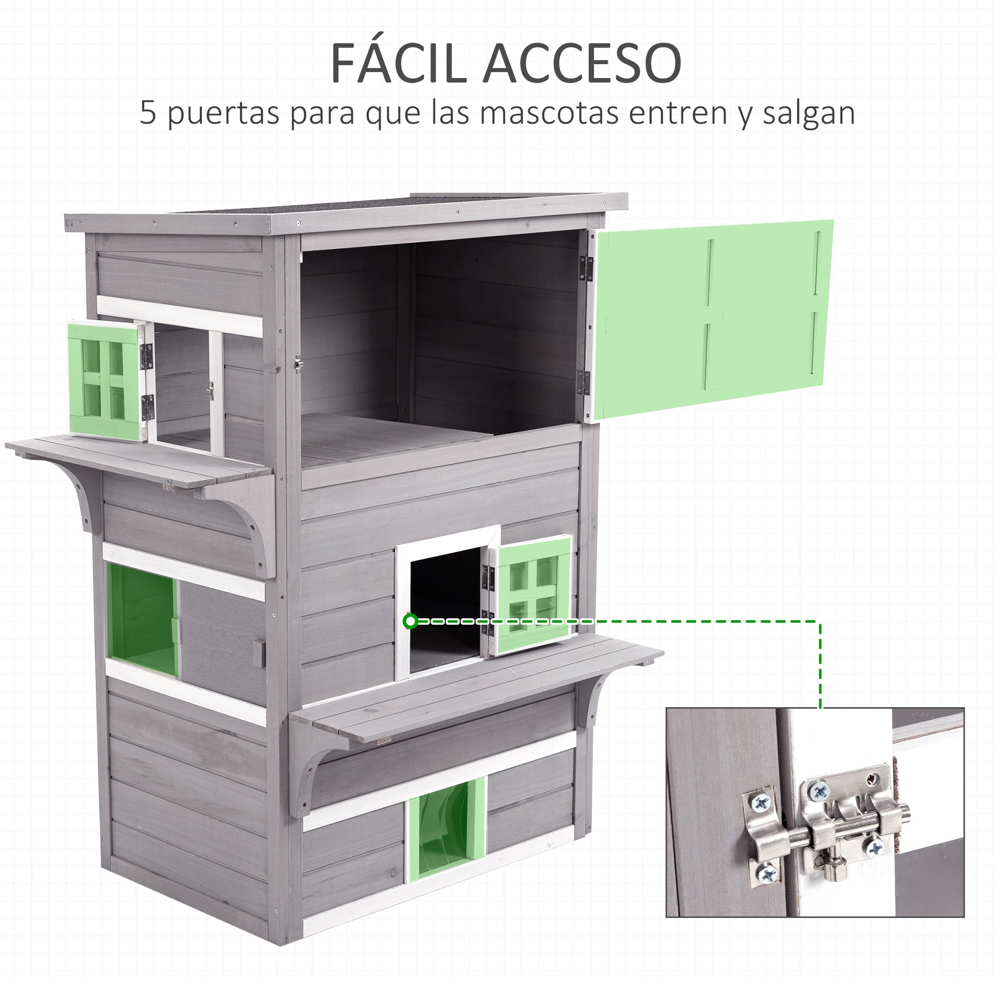Pawhut Caseta Para Gatos De Madera Exterior De 3 Pisos Con Múltiples Entradas_5