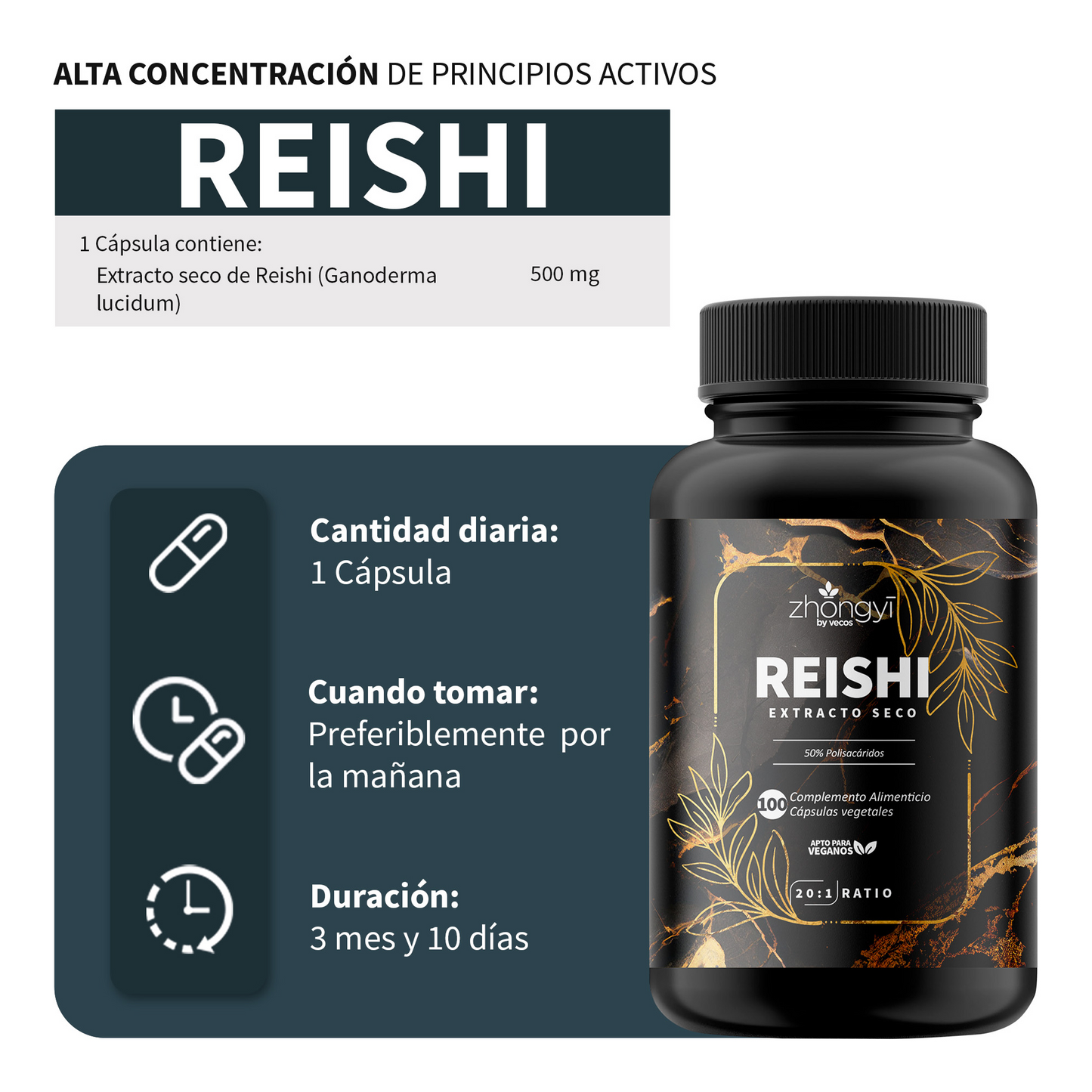 Reishi Extracto 20:1 Vecos 100 Cápsulas | Activa Defensas Y Bienestar | 50% Polisacáridos_2