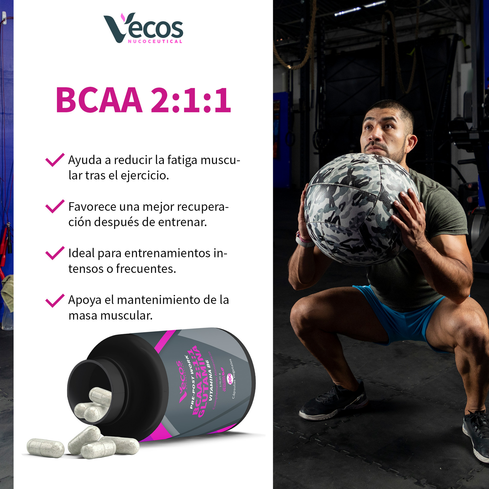 Bcaa 2:1:1 Vecos 200 Cápsulas | Recuperación Muscular Y Energía | Con Glutamina Y Vitamina B6_3
