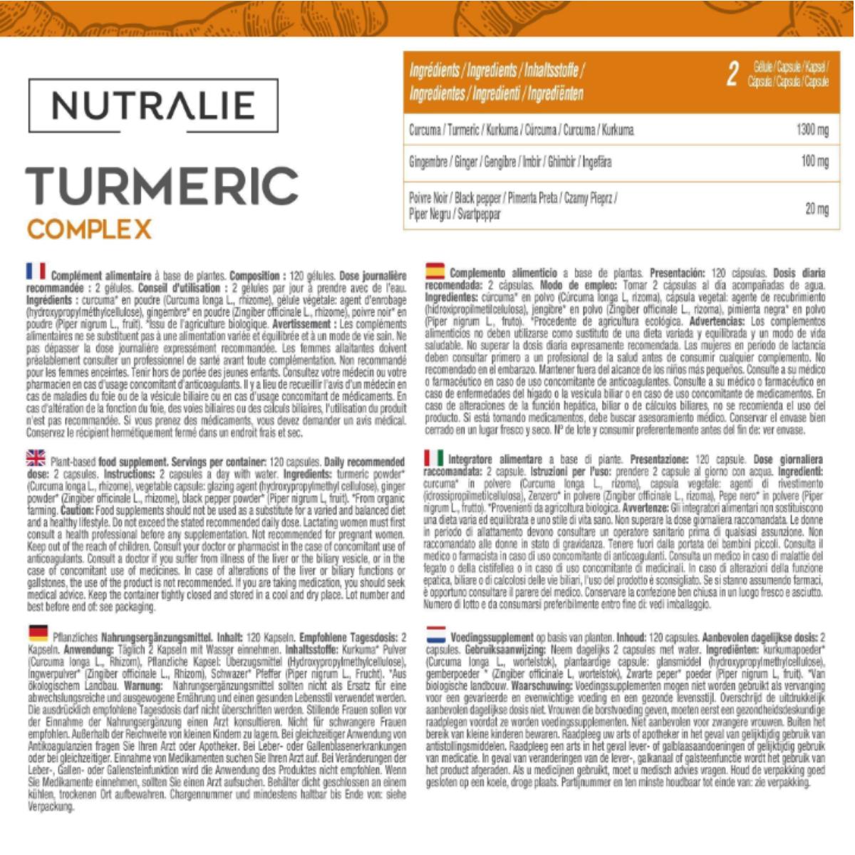 Nutralie Cúrcuma Complex + Jengibre y Pimienta Negra Orgánica 120 cápsulas