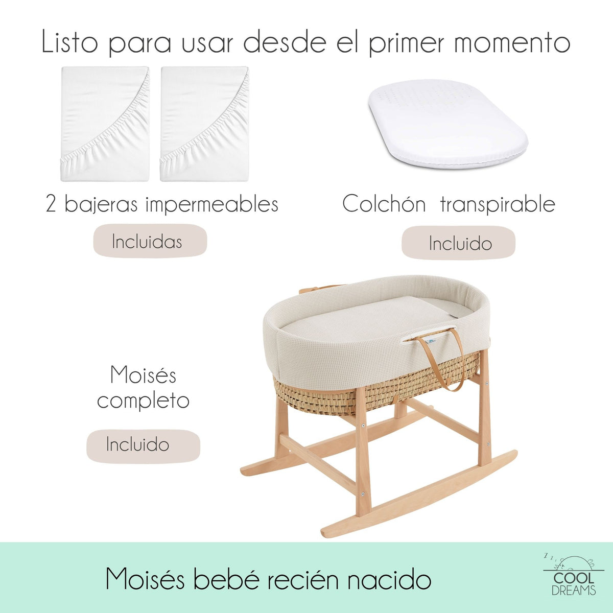 Moisés Completo Para Bebé (vestidura De Algodón Gofre Renard + Colchón + Estructura Balancín + 2 Bajeras Impermeables)_4