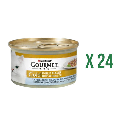 Pack 24 x GOURMET GOLD Doble Placer Pescado del Oceano &amp; Espinacas Comida húmeda 85 g