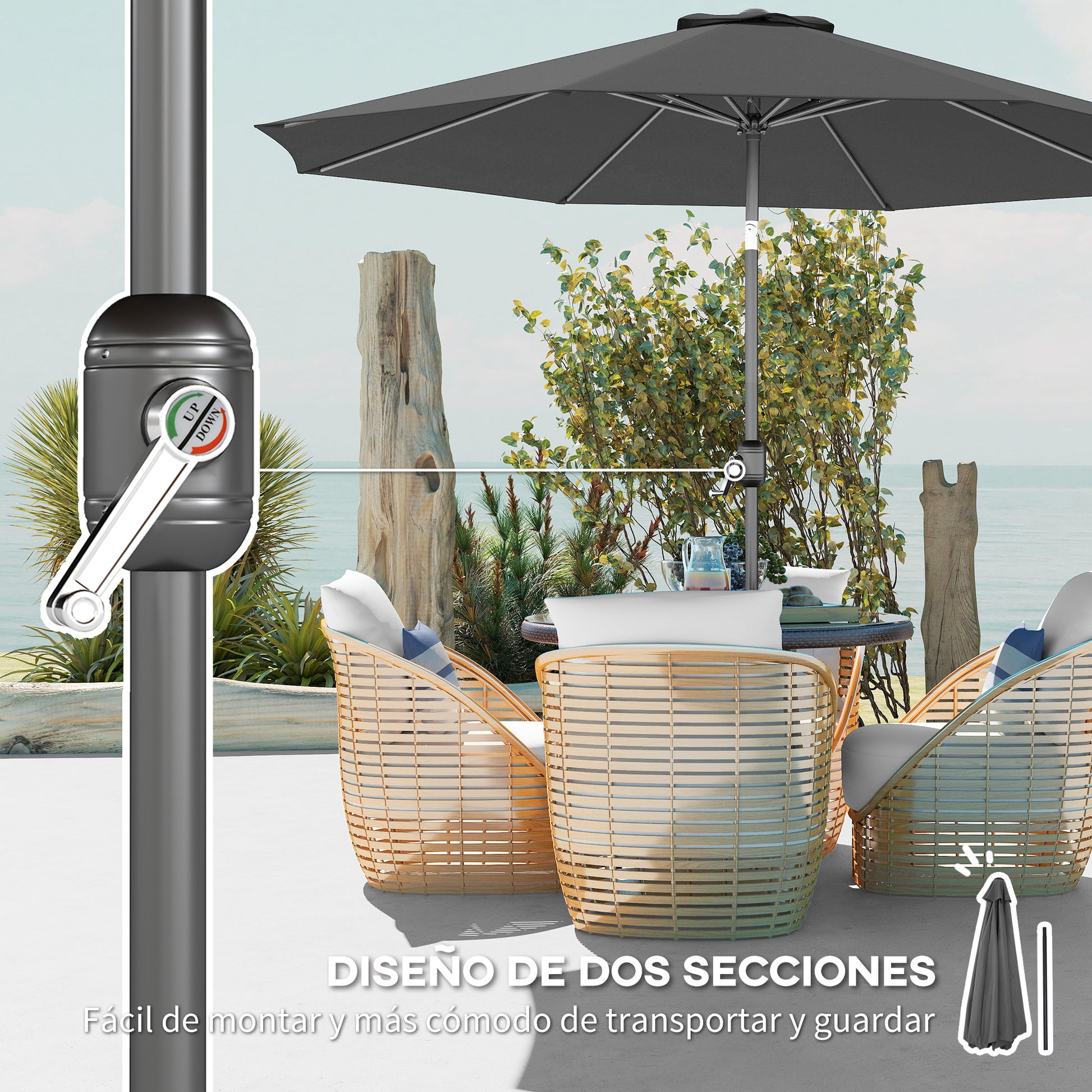 Outsunny Sombrilla De Jardín Ø295x250 Cm Con Manivela E Inclinación Gris Oscuro_5