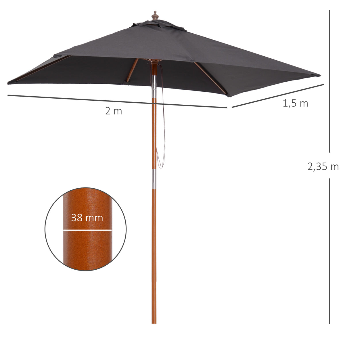 Outsunny Sombrilla Terraza Exterior 200x150 Cm Con Ángulo Ajustable Gris Oscuro_2