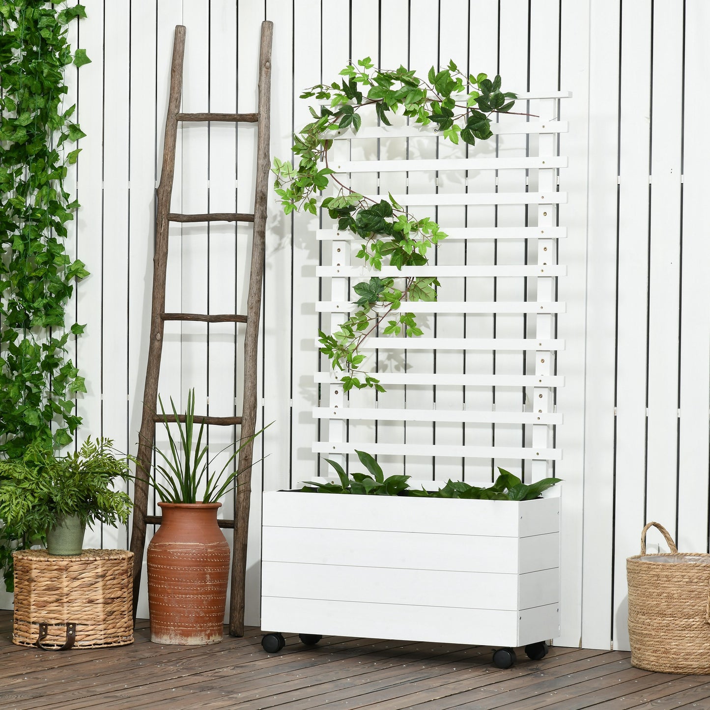 Outsunny Jardinera Con Enrejado Madera Con Ruedas Soporte Para Trepadora Blanco_1