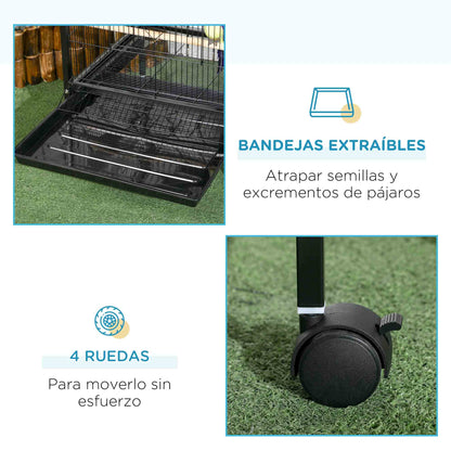 Pawhut Jaula Para Pájaros De 2 Niveles Con Ruedas Bandejas Extraíbles Negro_5