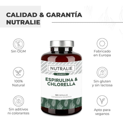 Nutralie Espirulina &amp; Chlorella 1800mg energía y fuerza 180 cápsulas