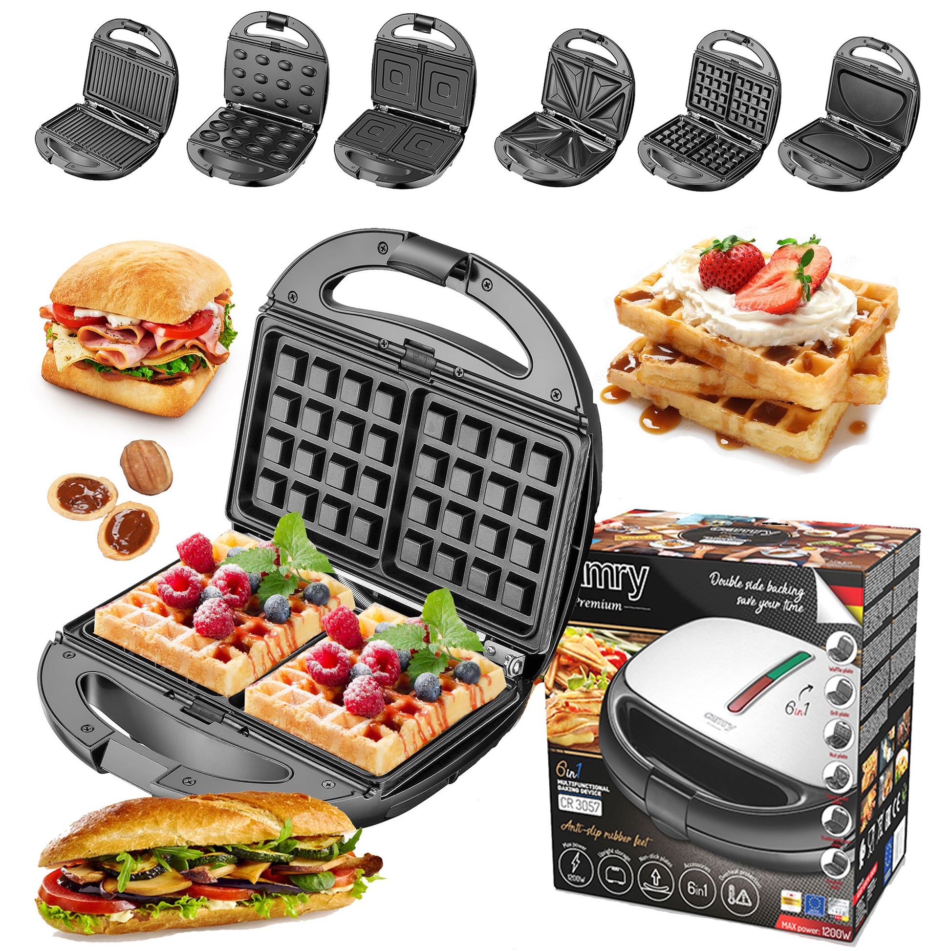 Sandwichera 6 En 1 Gofrera Grill-plancha, Galletas, Bandejas Intercambiables Antiadherentes Camry Cr3057 1200w_1