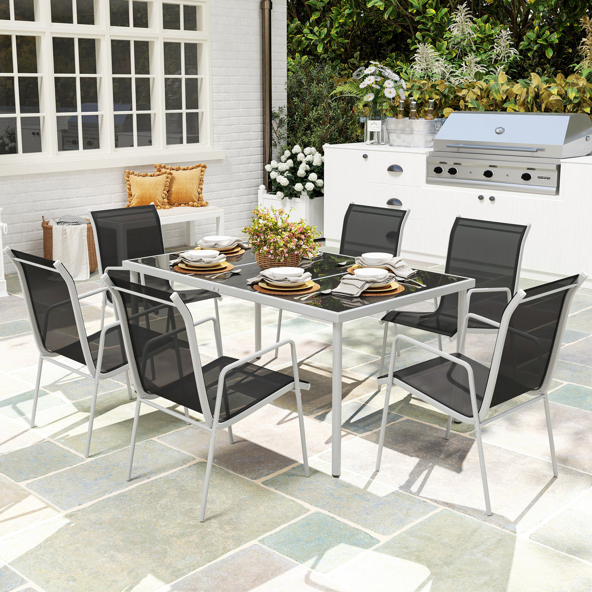 Outsunny Conjunto De Comedor De Exterior Con 1 Mesa 6 Sillas Apilables Negro_1